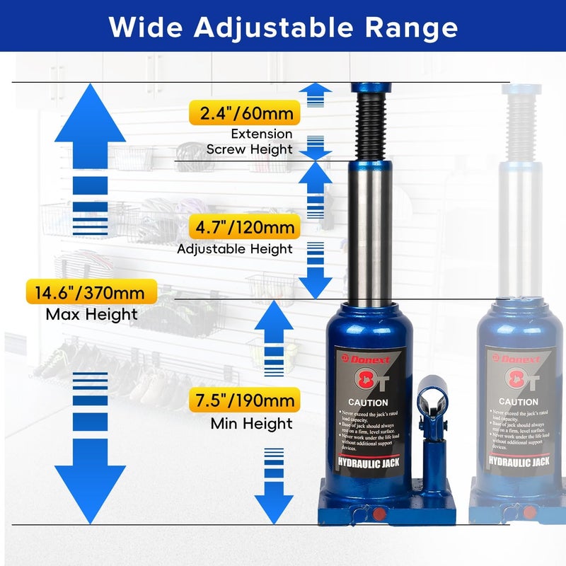 Donext جاك هيدروليكي زجاجة 8 طن / 17637 رطل، جاك سيارة أزرق، نطاق رفع 7.48-14.6 بوصة، جاك زجاجة ملحوم للسيارة، بيك أب، شاحنة، RV، إصلاح السيارات - Image 3